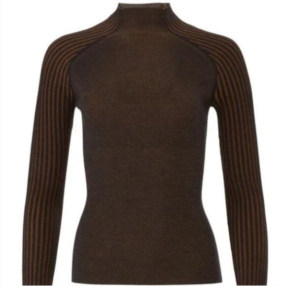 Dreyden Romy Mock Neck Ribbed Knit Sweater Top Metallic 90s Y2K Gold Navy Large - Picture 3 of 11